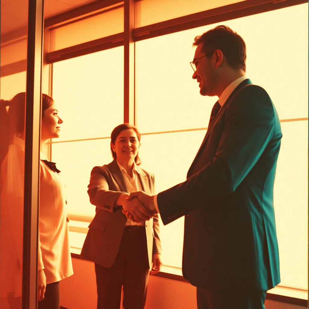 Insurance agent shaking hands with a broker in a bright office